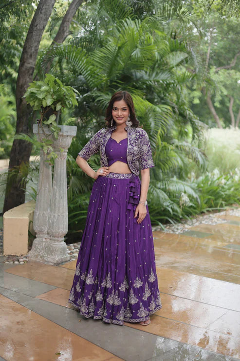 Full-Stitched Chinnon Lehenga Set with Rich Sequins Embroidery, Blouse & Koti