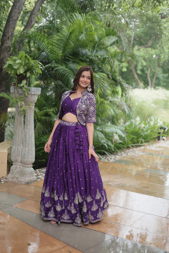 Full-Stitched Chinnon Lehenga Set with Rich Sequins Embroidery, Blouse & Koti