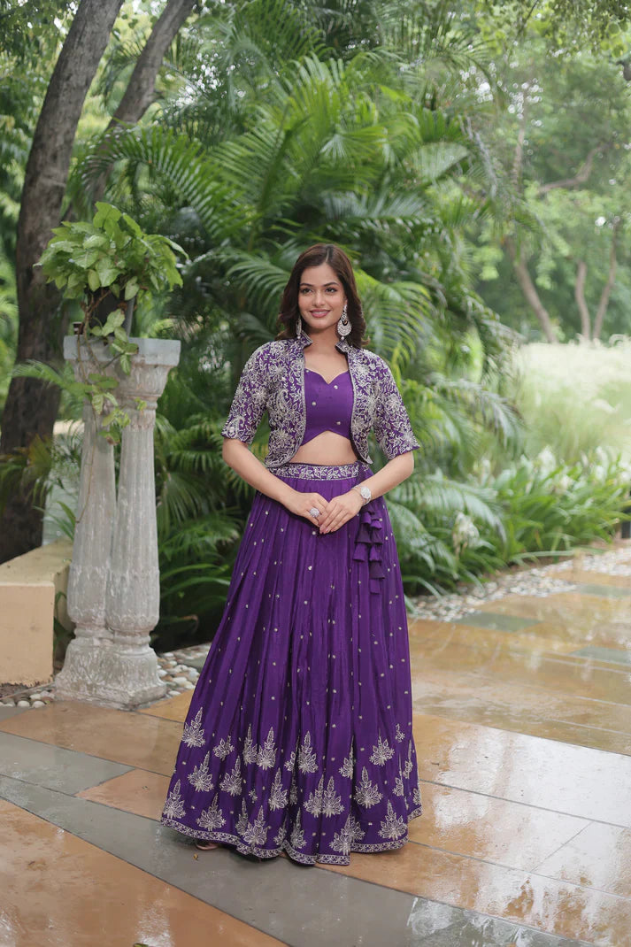 Full-Stitched Chinnon Lehenga Set with Rich Sequins Embroidery, Blouse & Koti