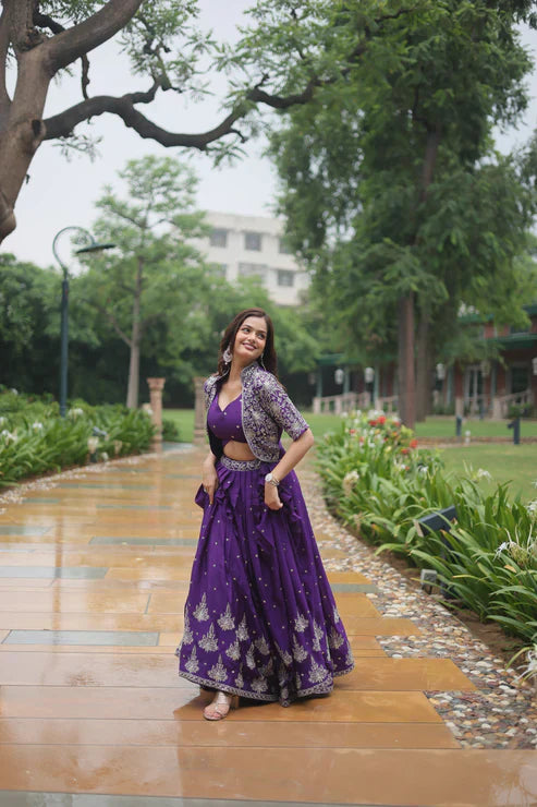 Full-Stitched Chinnon Lehenga Set with Rich Sequins Embroidery, Blouse & Koti