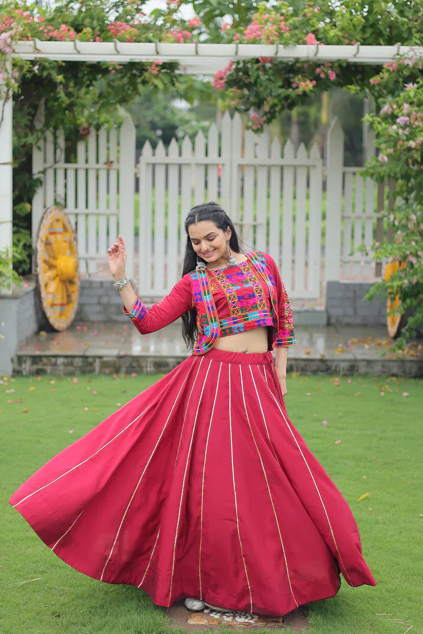 Stunning Roman Fabric Lehenga Set Featuring Gota Patti Lace & Kutchi Gamthi Embroidered Koti Blouse