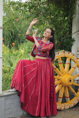 Stunning Roman Fabric Lehenga Set Featuring Gota Patti Lace & Kutchi Gamthi Embroidered Koti Blouse