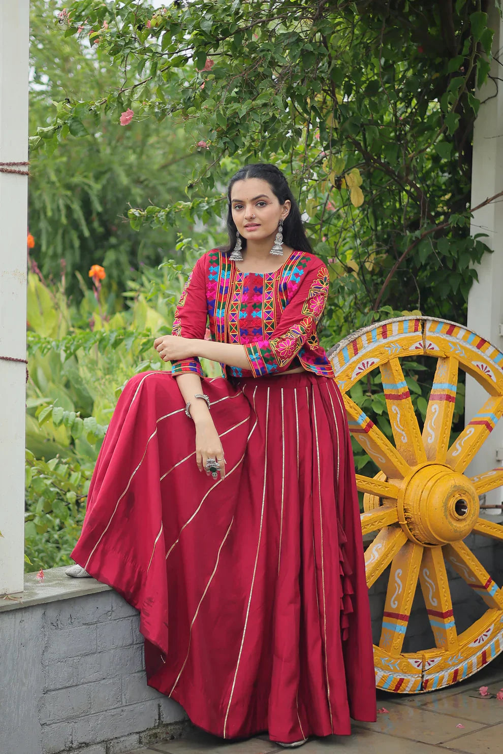 Stunning Roman Fabric Lehenga Set Featuring Gota Patti Lace & Kutchi Gamthi Embroidered Koti Blouse