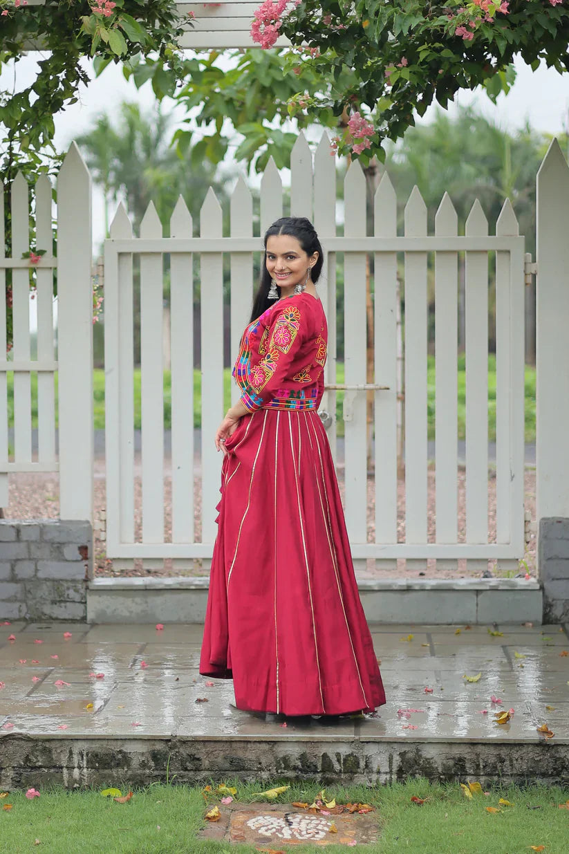 Stunning Roman Fabric Lehenga Set Featuring Gota Patti Lace & Kutchi Gamthi Embroidered Koti Blouse