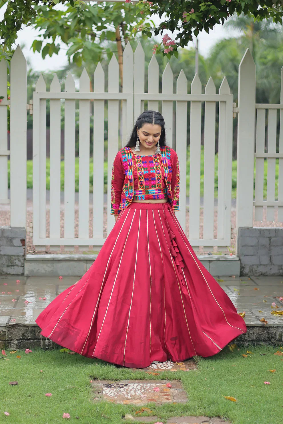 Stunning Roman Fabric Lehenga Set Featuring Gota Patti Lace & Kutchi Gamthi Embroidered Koti Blouse