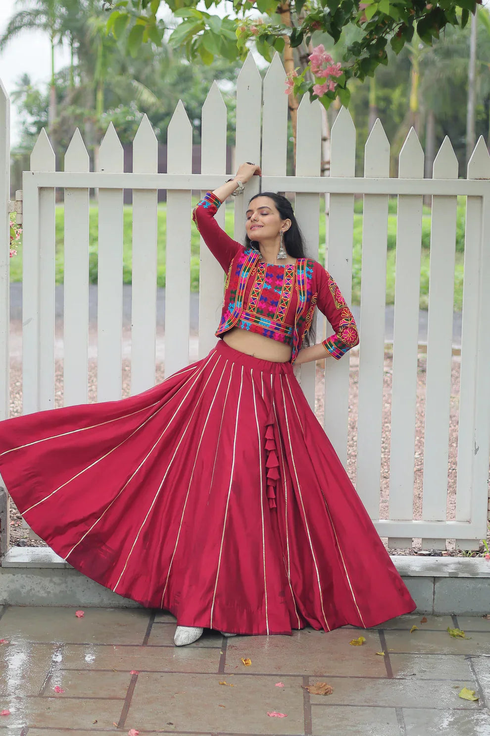 Stunning Roman Fabric Lehenga Set Featuring Gota Patti Lace & Kutchi Gamthi Embroidered Koti Blouse