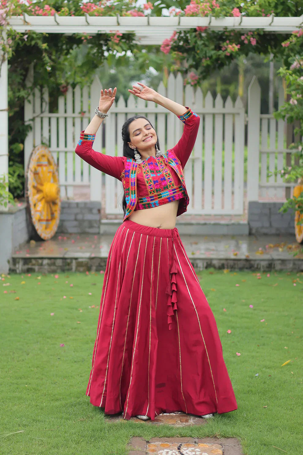Stunning Roman Fabric Lehenga Set Featuring Gota Patti Lace & Kutchi Gamthi Embroidered Koti Blouse