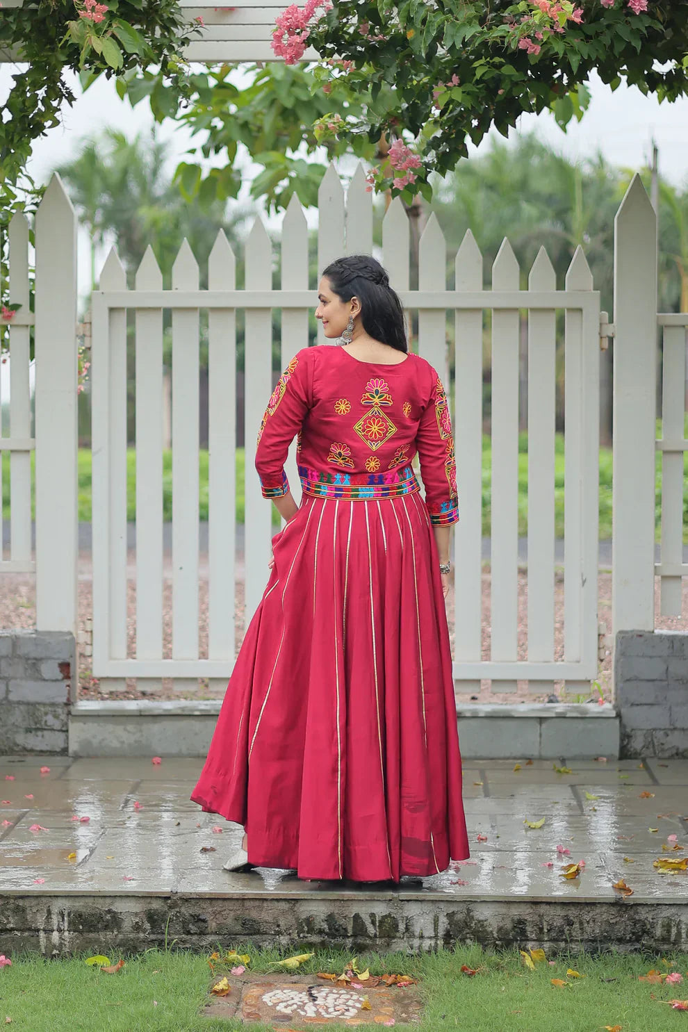 Stunning Roman Fabric Lehenga Set Featuring Gota Patti Lace & Kutchi Gamthi Embroidered Koti Blouse