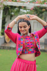 Roman Fabric Lehenga with Gota-Patti Lace & Kutchi Gamthi Embroidered Koti-Blouse Set