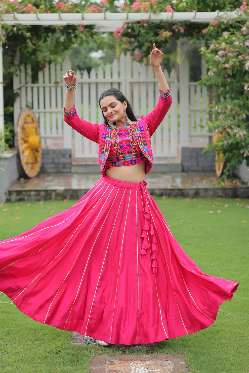 Roman Fabric Lehenga with Gota-Patti Lace & Kutchi Gamthi Embroidered Koti-Blouse Set