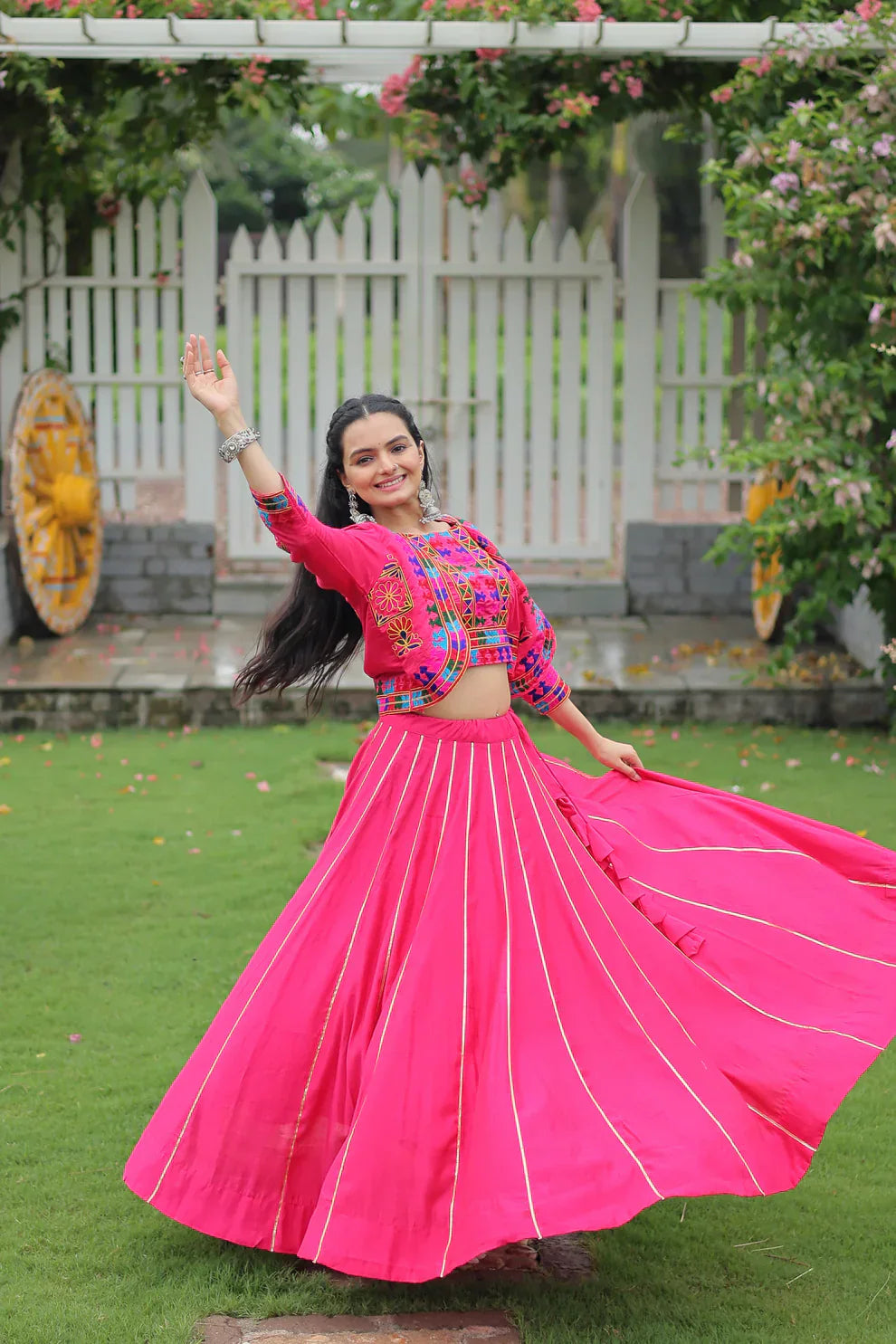 Roman Fabric Lehenga with Gota-Patti Lace & Kutchi Gamthi Embroidered Koti-Blouse Set