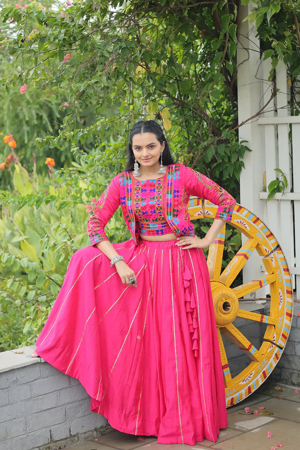 Roman Fabric Lehenga with Gota-Patti Lace & Kutchi Gamthi Embroidered Koti-Blouse Set