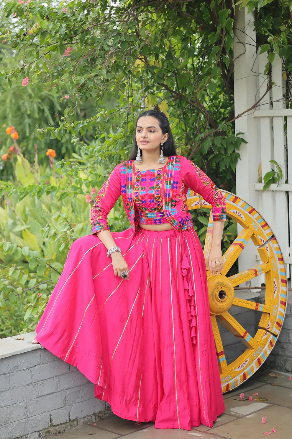 Roman Fabric Lehenga with Gota-Patti Lace & Kutchi Gamthi Embroidered Koti-Blouse Set
