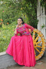 Roman Fabric Lehenga with Gota-Patti Lace & Kutchi Gamthi Embroidered Koti-Blouse Set