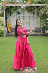 Roman Fabric Lehenga with Gota-Patti Lace & Kutchi Gamthi Embroidered Koti-Blouse Set