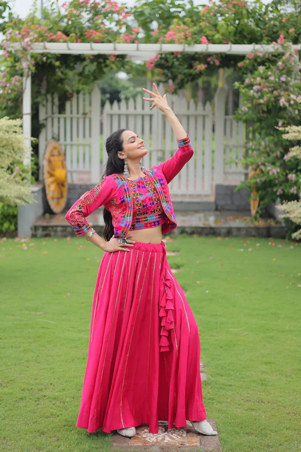 Roman Fabric Lehenga with Gota-Patti Lace & Kutchi Gamthi Embroidered Koti-Blouse Set