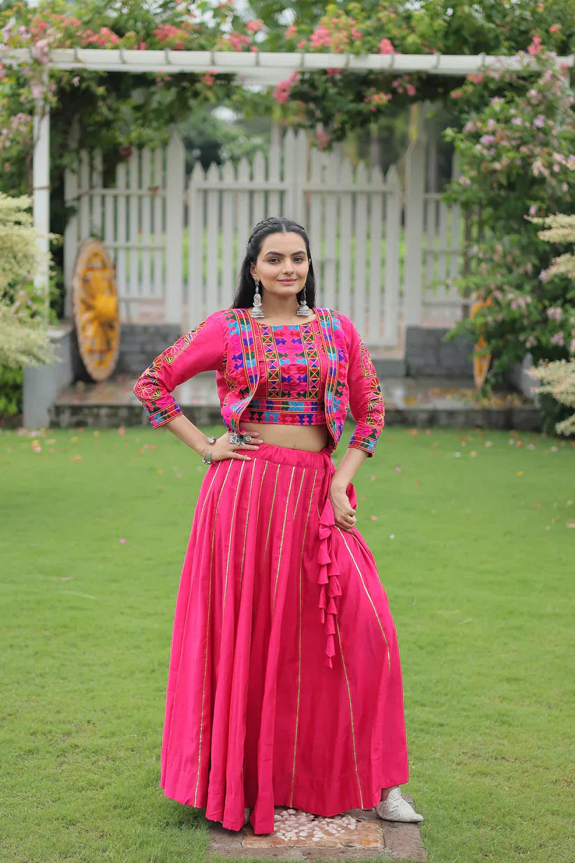 Roman Fabric Lehenga with Gota-Patti Lace & Kutchi Gamthi Embroidered Koti-Blouse Set