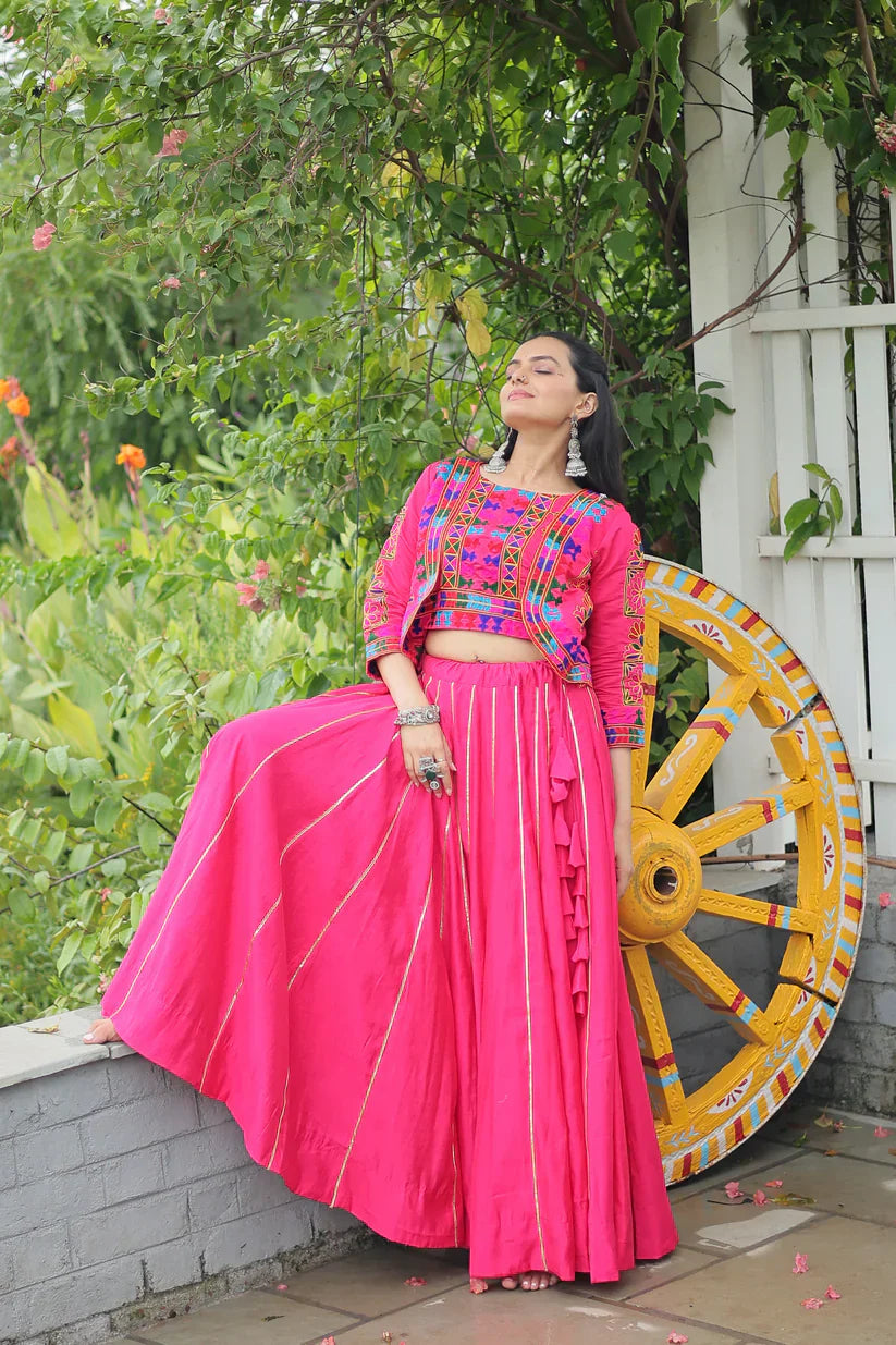 Roman Fabric Lehenga with Gota-Patti Lace & Kutchi Gamthi Embroidered Koti-Blouse Set