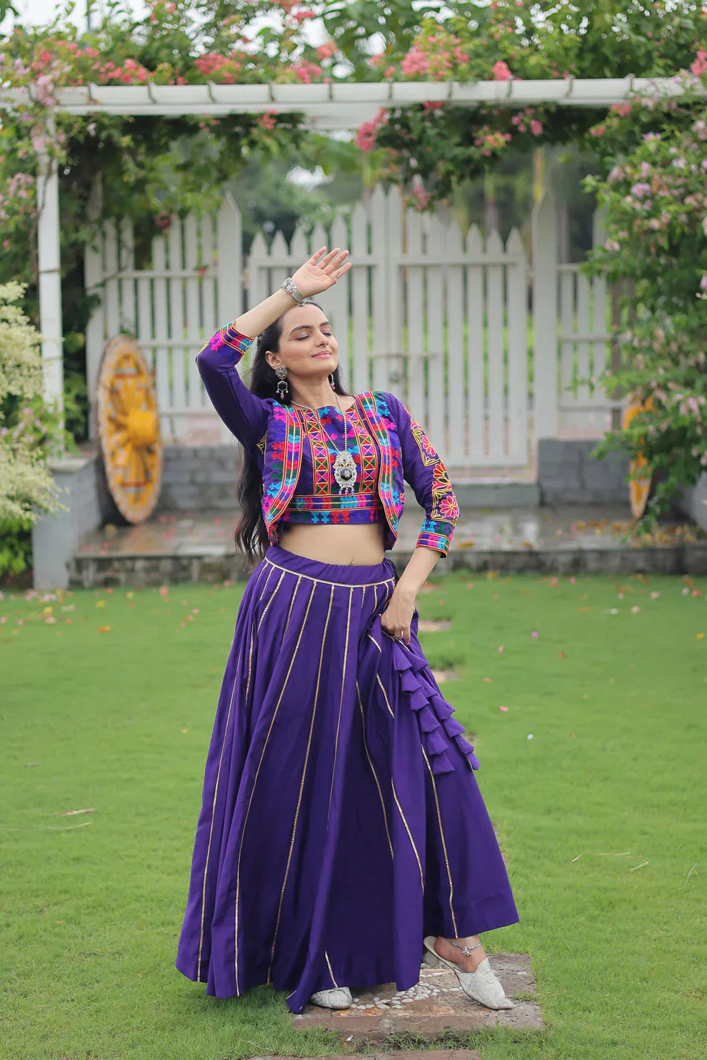Elegant Roman Fabric Lehenga with Gota-Patti Lace & Kutchi Gamthi Embroidered Full-Stitched Top