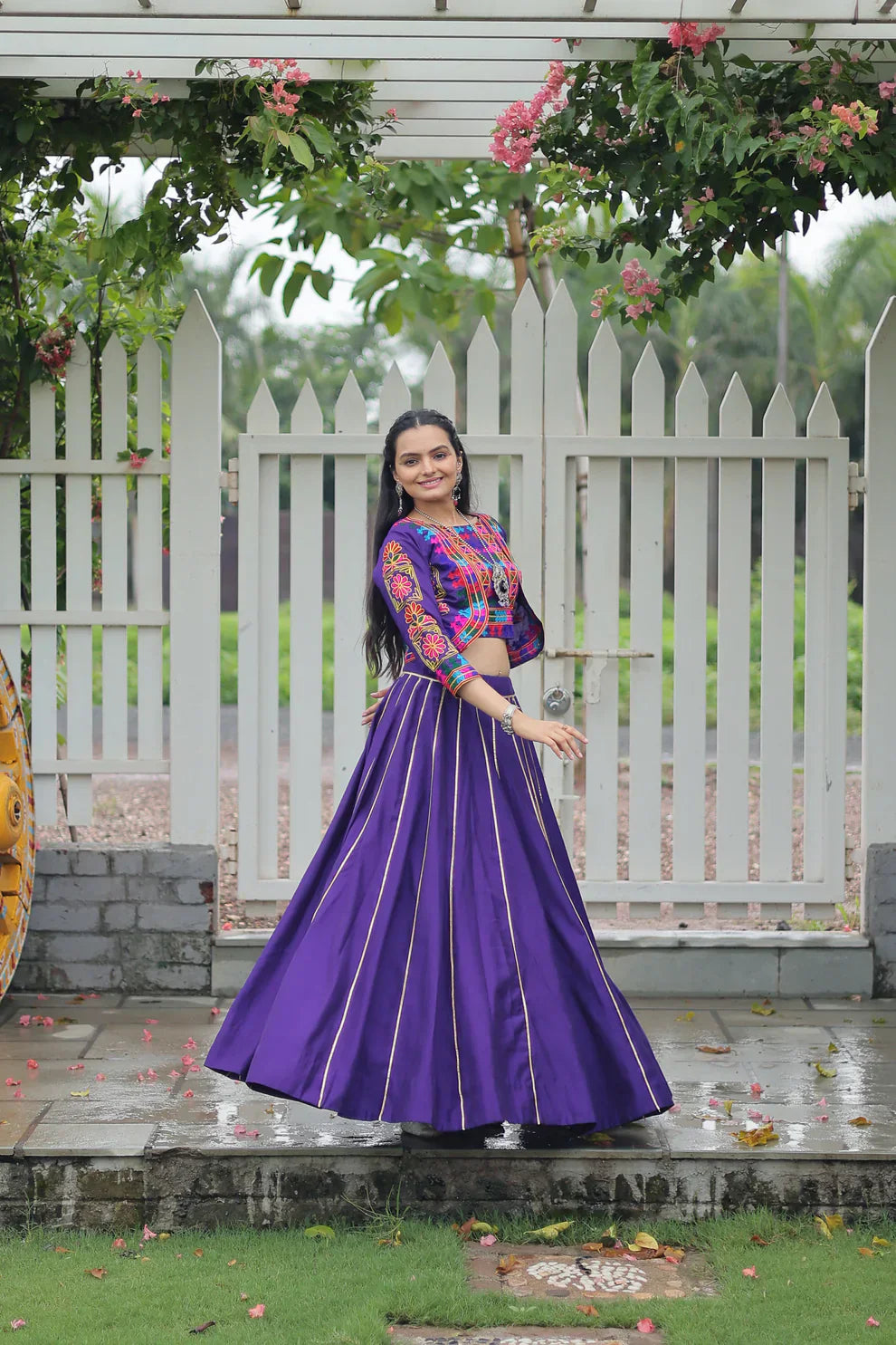 Elegant Roman Fabric Lehenga with Gota-Patti Lace & Kutchi Gamthi Embroidered Full-Stitched Top