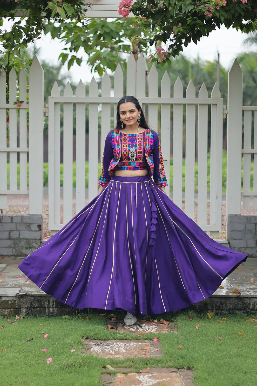 Elegant Roman Fabric Lehenga with Gota-Patti Lace & Kutchi Gamthi Embroidered Full-Stitched Top