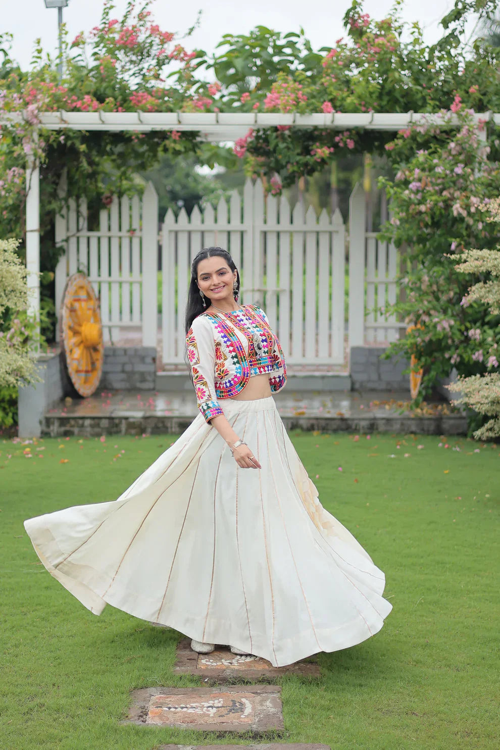 Stunning Roman Fabric Lehenga with Gota-Patti Lace & Kutchi Gamthi Embroidered Top – Full Stitched Set