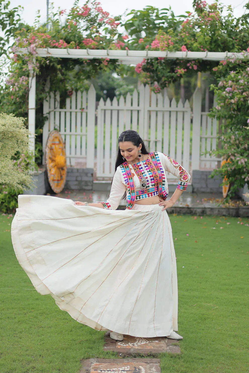 Stunning Roman Fabric Lehenga with Gota-Patti Lace & Kutchi Gamthi Embroidered Top – Full Stitched Set