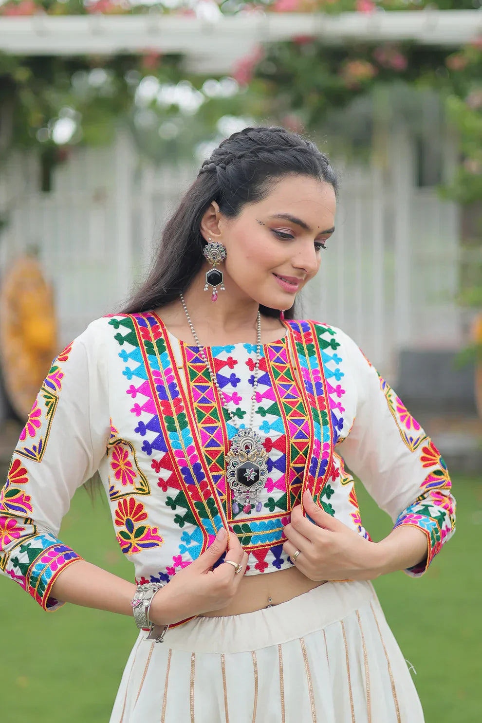 Stunning Roman Fabric Lehenga with Gota-Patti Lace & Kutchi Gamthi Embroidered Top – Full Stitched Set