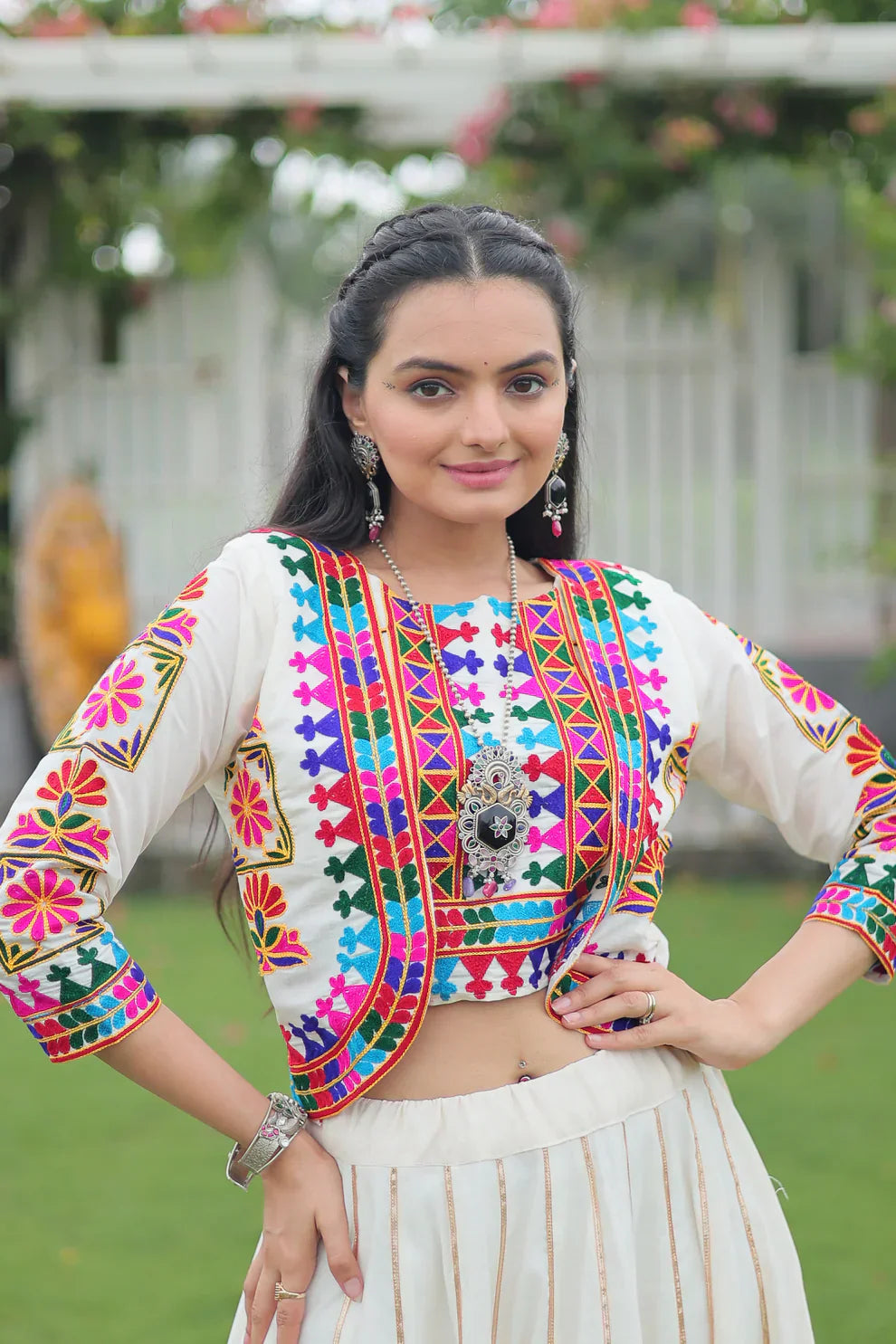 Stunning Roman Fabric Lehenga with Gota-Patti Lace & Kutchi Gamthi Embroidered Top – Full Stitched Set