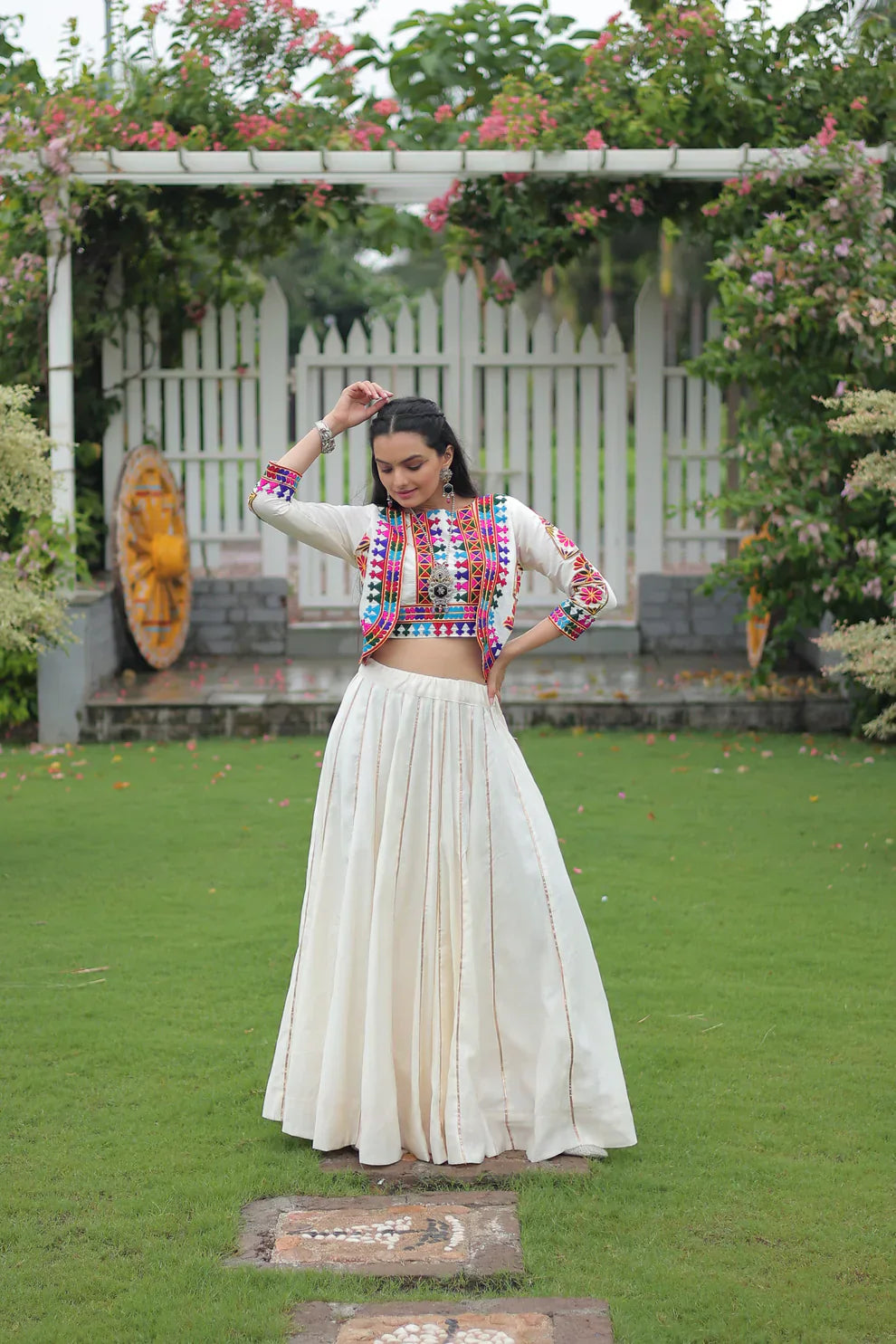 Stunning Roman Fabric Lehenga with Gota-Patti Lace & Kutchi Gamthi Embroidered Top – Full Stitched Set