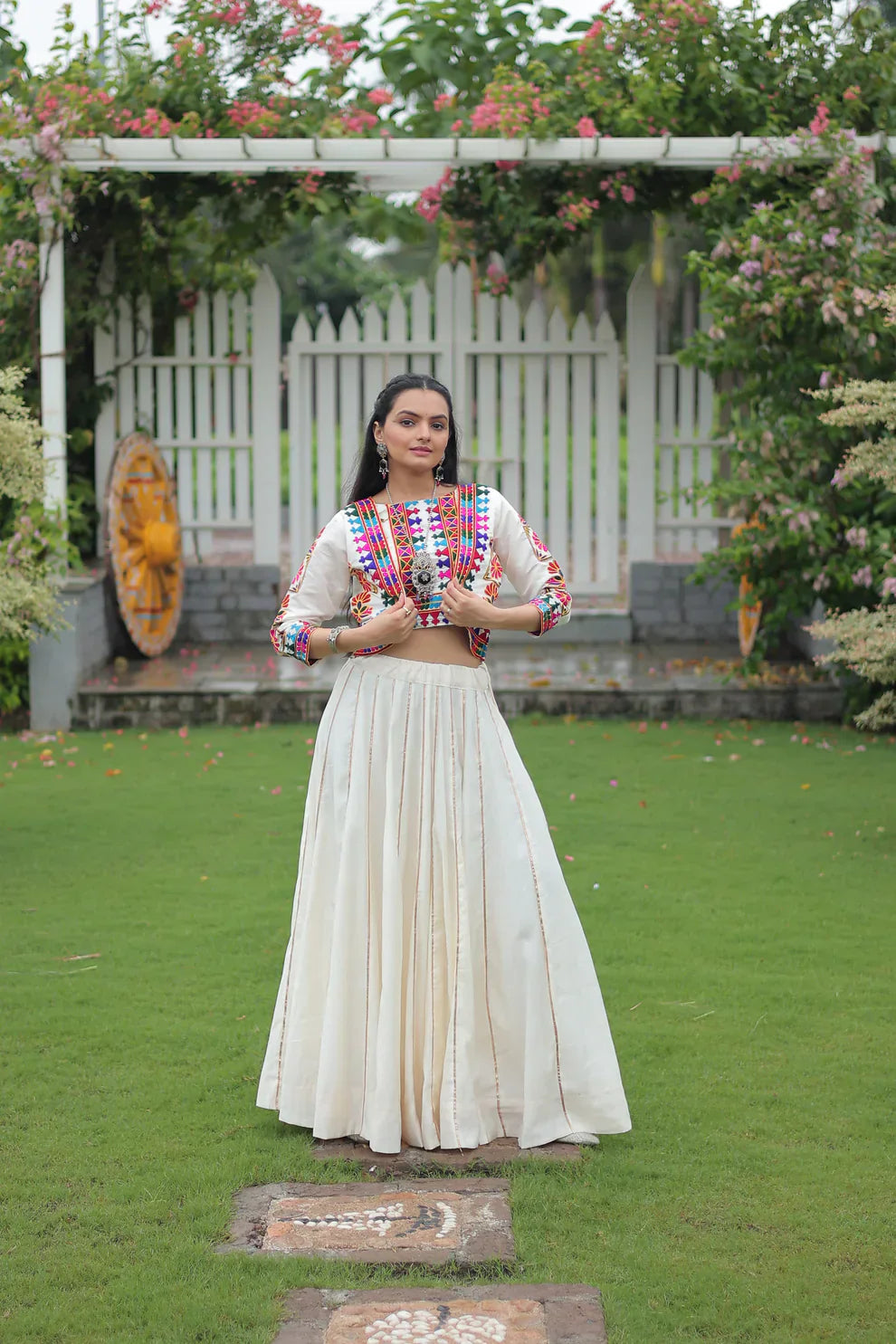 Stunning Roman Fabric Lehenga with Gota-Patti Lace & Kutchi Gamthi Embroidered Top – Full Stitched Set