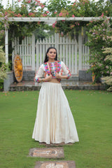 Stunning Roman Fabric Lehenga with Gota-Patti Lace & Kutchi Gamthi Embroidered Top – Full Stitched Set