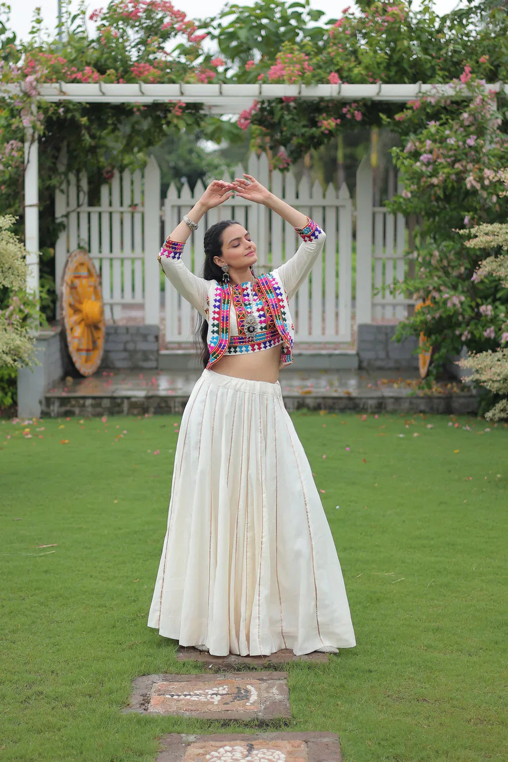Stunning Roman Fabric Lehenga with Gota-Patti Lace & Kutchi Gamthi Embroidered Top – Full Stitched Set