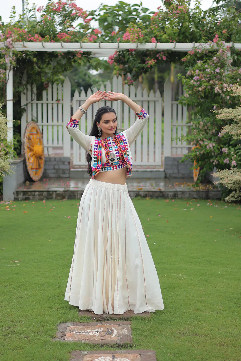 Stunning Roman Fabric Lehenga with Gota-Patti Lace & Kutchi Gamthi Embroidered Top – Full Stitched Set