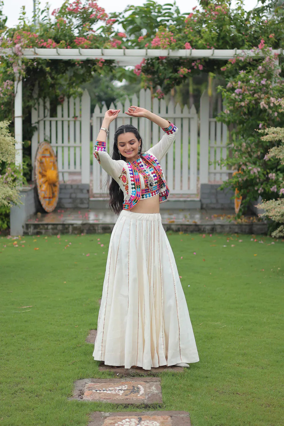Stunning Roman Fabric Lehenga with Gota-Patti Lace & Kutchi Gamthi Embroidered Top – Full Stitched Set