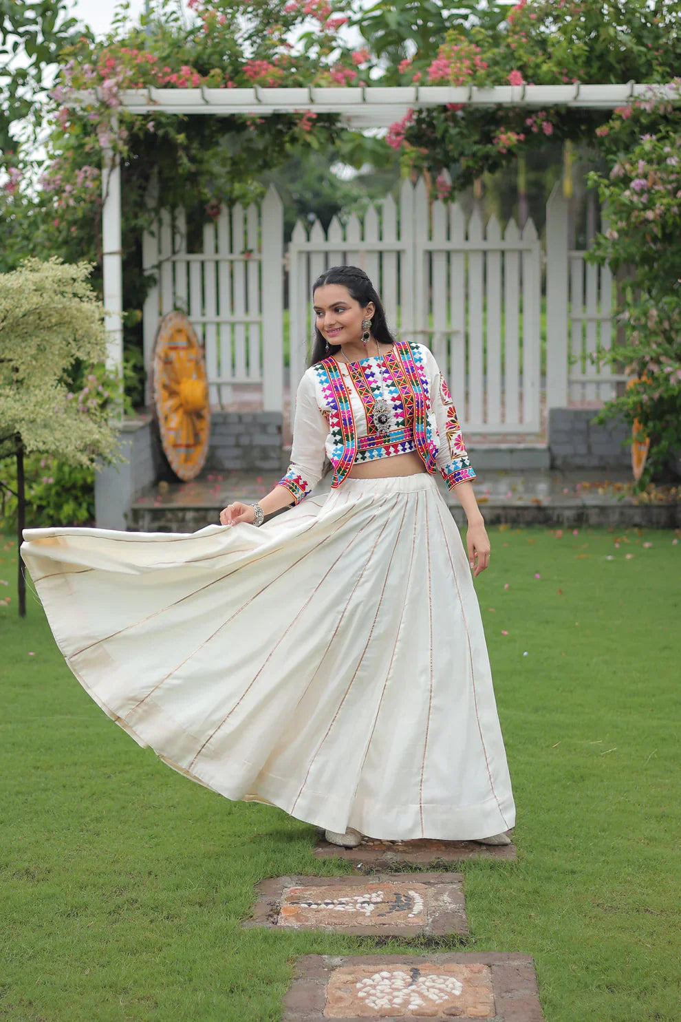 Stunning Roman Fabric Lehenga with Gota-Patti Lace & Kutchi Gamthi Embroidered Top – Full Stitched Set