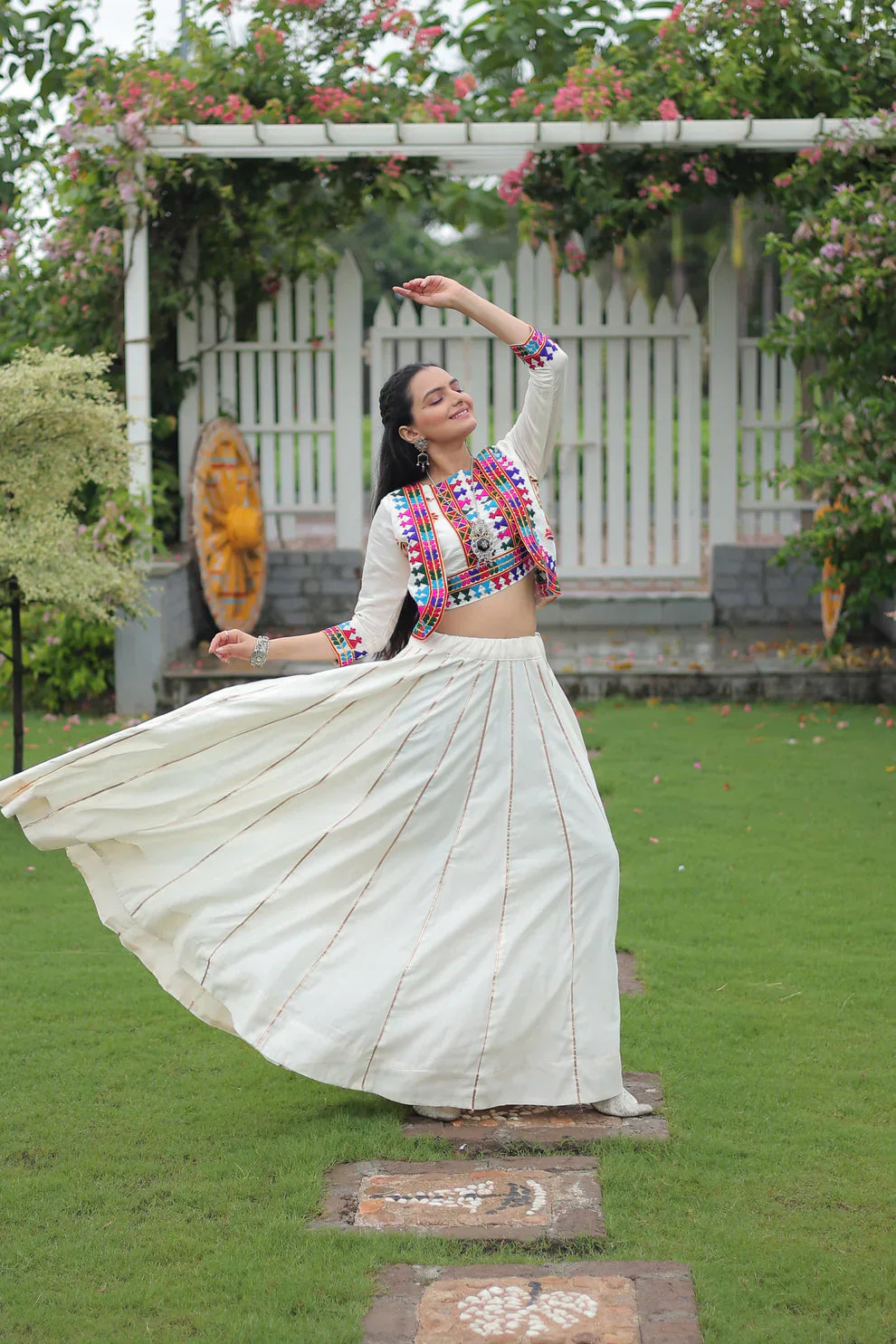 Stunning Roman Fabric Lehenga with Gota-Patti Lace & Kutchi Gamthi Embroidered Top – Full Stitched Set