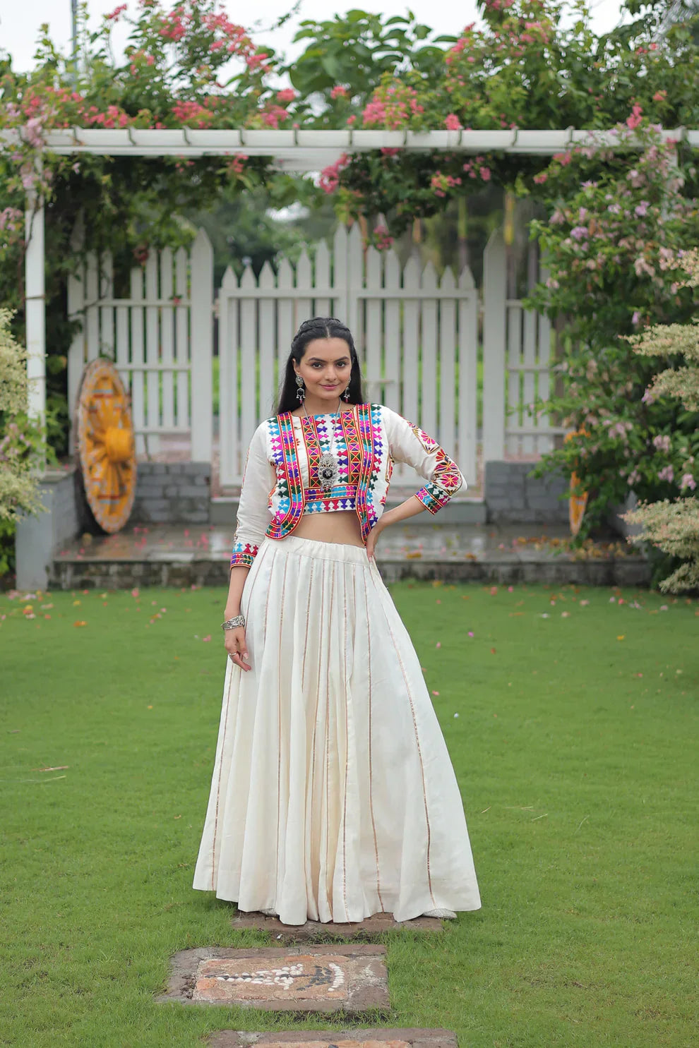 Stunning Roman Fabric Lehenga with Gota-Patti Lace & Kutchi Gamthi Embroidered Top – Full Stitched Set