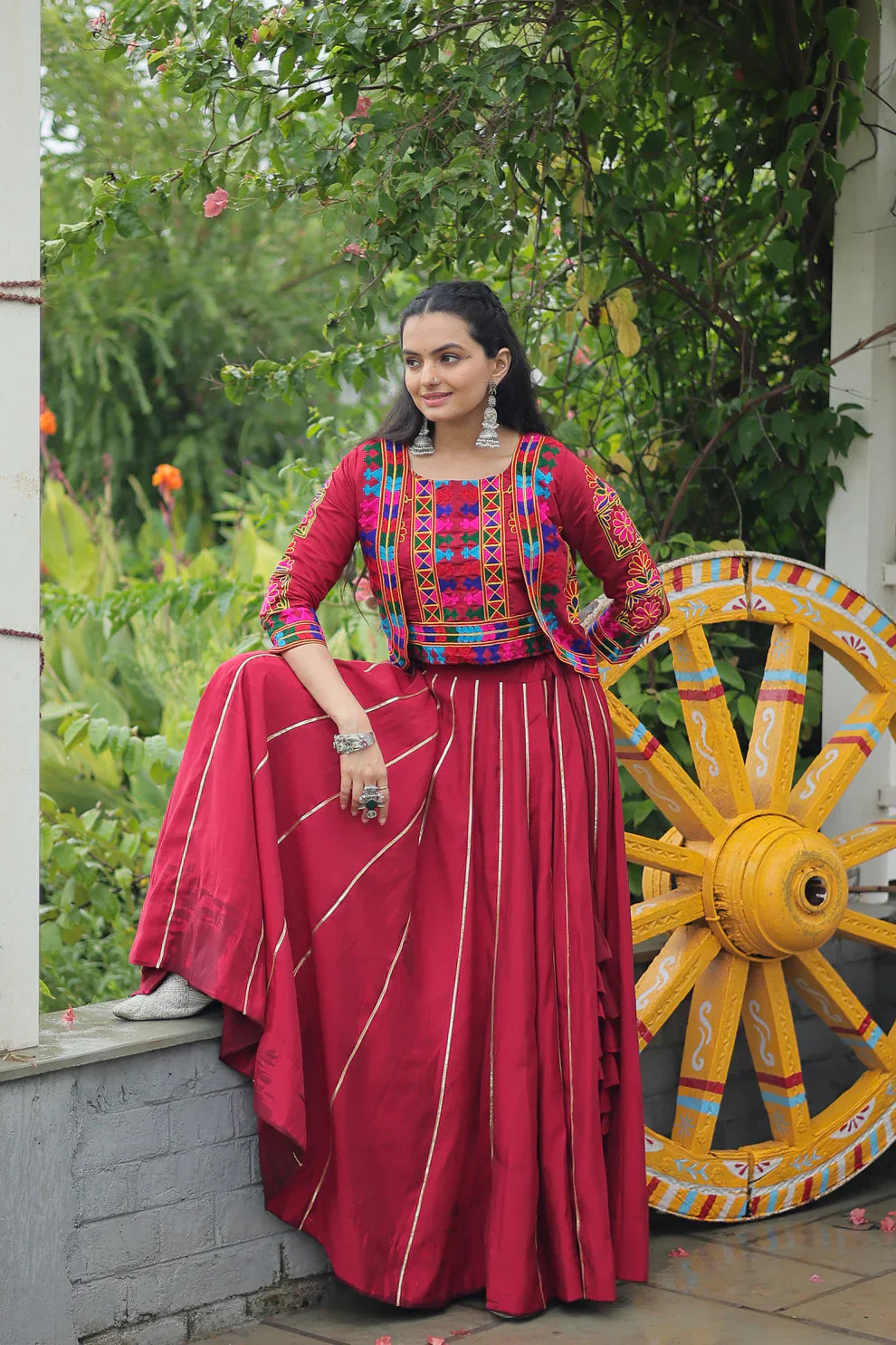 Stunning Roman Fabric Lehenga Set Featuring Gota Patti Lace & Kutchi Gamthi Embroidered Koti Blouse