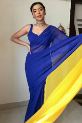 Stylish Blue and Yellow Georgette Saree with Printed Design – Stitched Saree with Blouse Piece