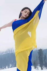 Stylish Blue and Yellow Georgette Saree with Printed Design – Stitched Saree with Blouse Piece