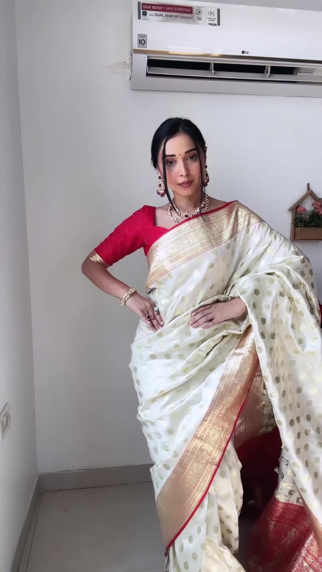 Elegant Beige Soft Silk Saree with Jacquard Work – Ready To Wear Stitched Saree with Unstitched Red Jacquard Blouse