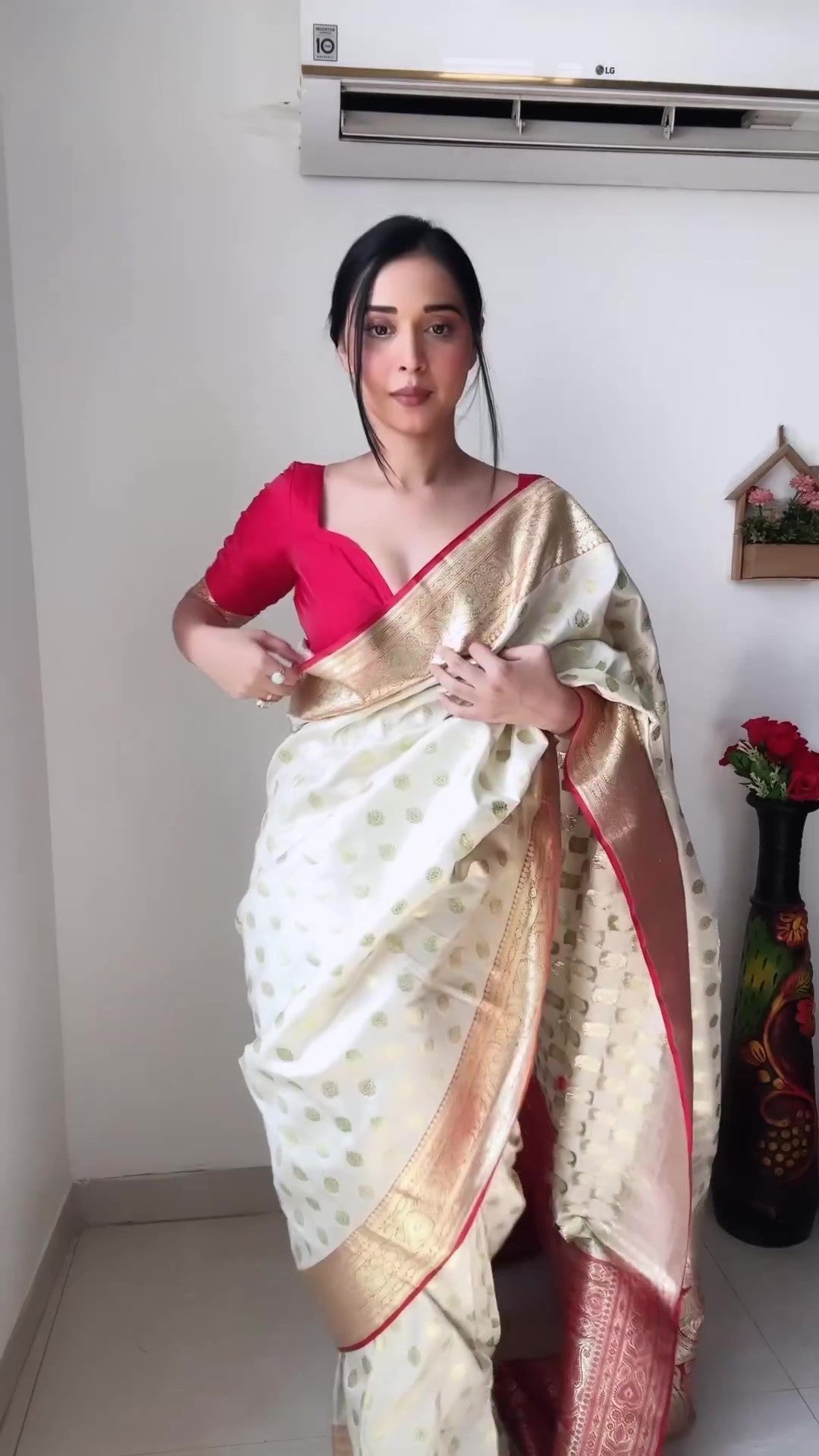Elegant Beige Soft Silk Saree with Jacquard Work – Ready To Wear Stitched Saree with Unstitched Red Jacquard Blouse