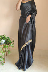 Timeless Charm in Satin Silk – Black Pre-Stitched Saree