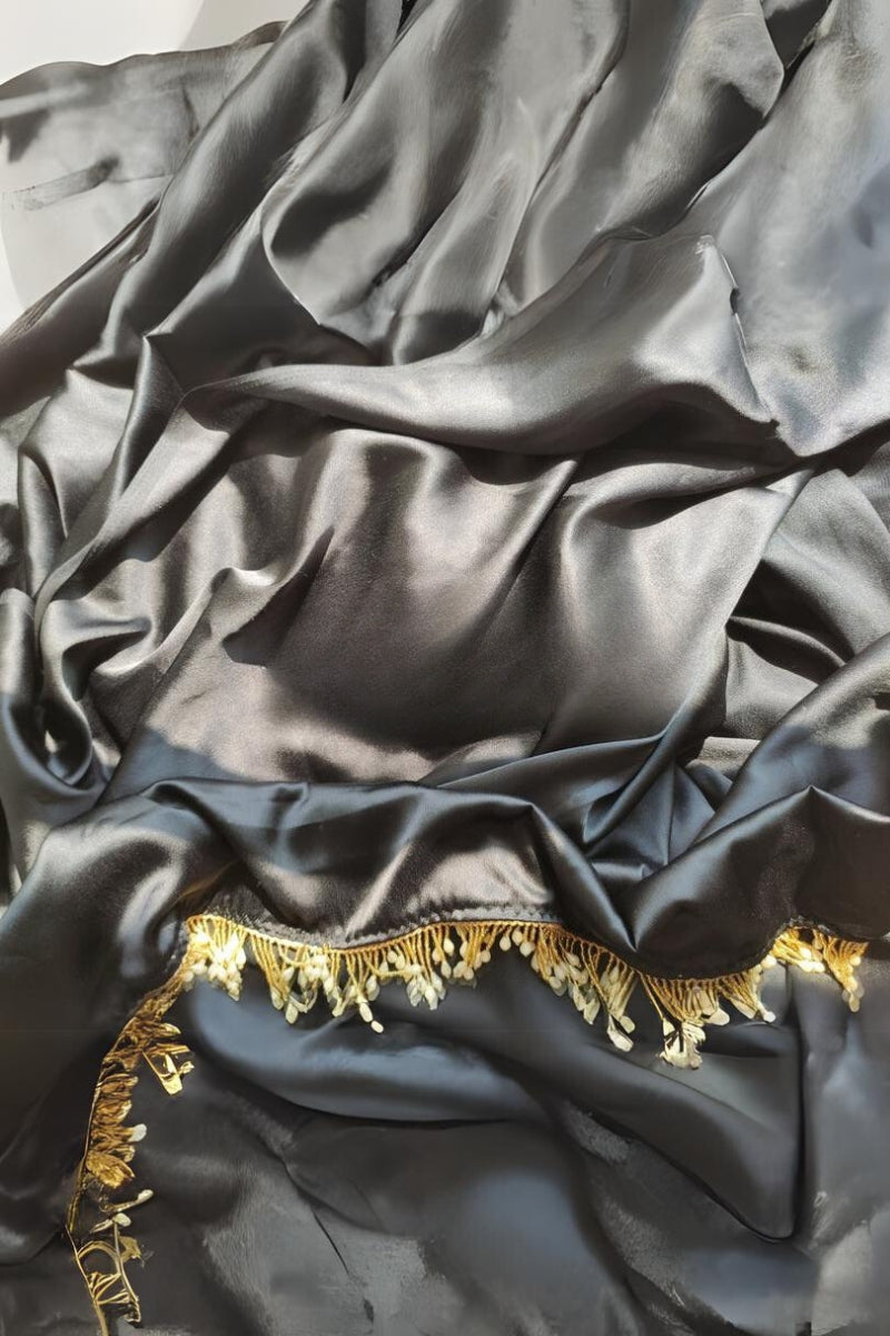 Timeless Charm in Satin Silk – Black Pre-Stitched Saree