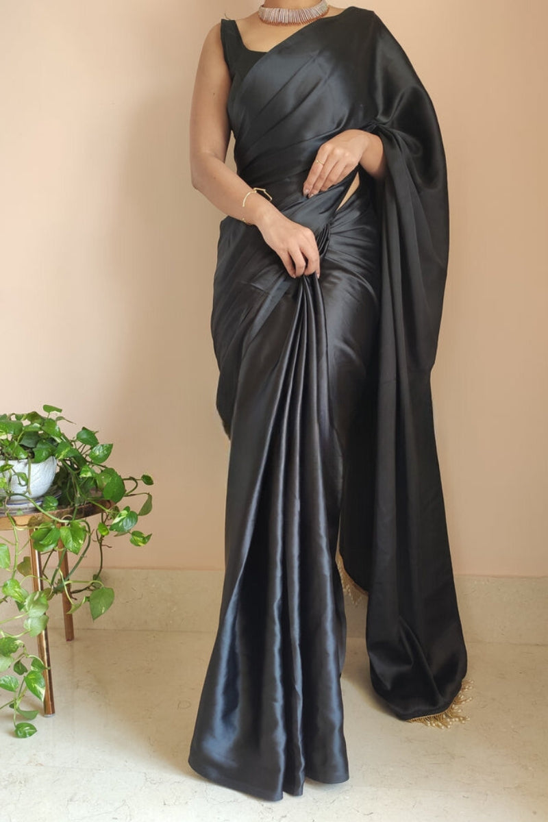 Timeless Charm in Satin Silk – Black Pre-Stitched Saree