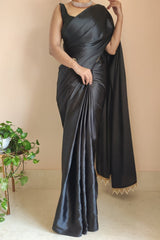 Timeless Charm in Satin Silk – Black Pre-Stitched Saree