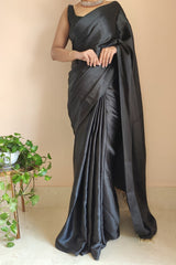 Timeless Charm in Satin Silk – Black Pre-Stitched Saree