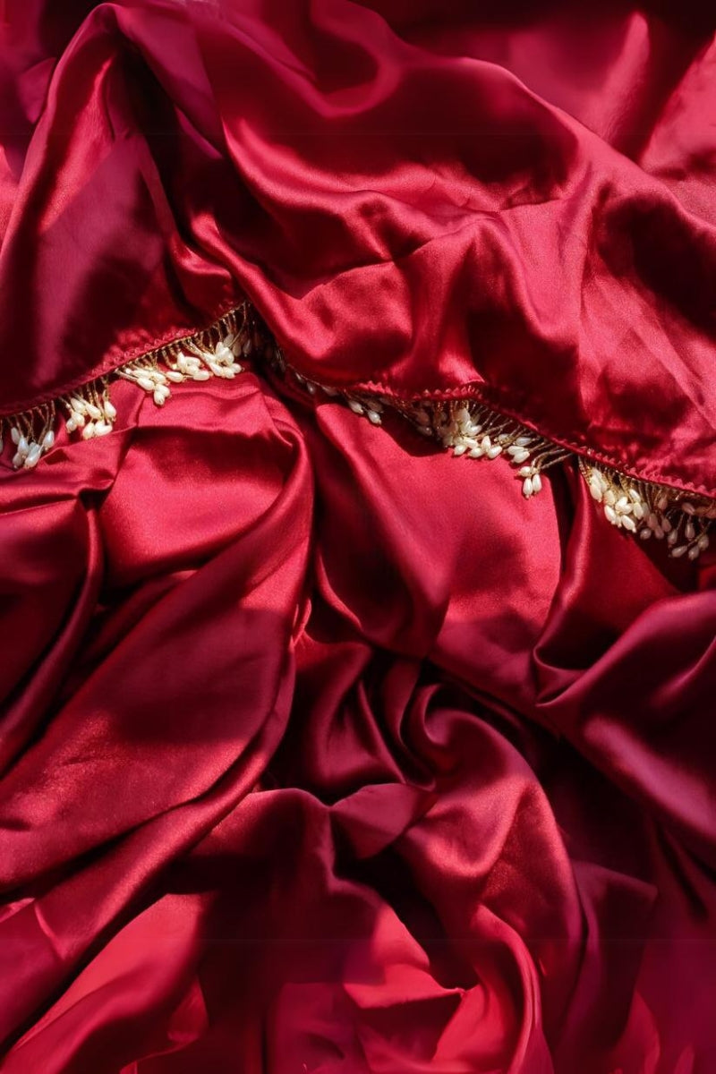 Elegant Maroon Satin Silk Saree with Plain Design – Stitched Saree with Blouse Piece