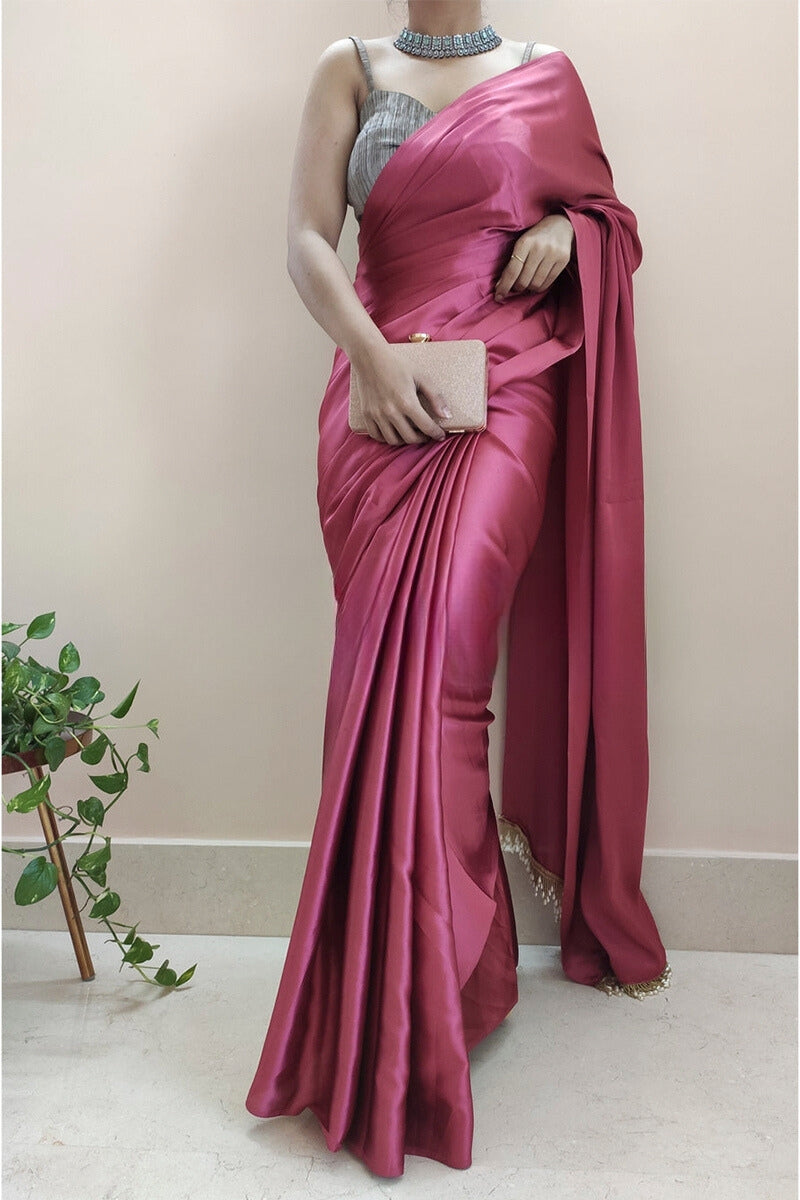 Rose Pink Satin Silk Saree